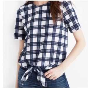 MADEWELL BUTTON BACK TIE TEE NAVY BLUE CREAM WHITE WINDOWPANE PLAID BOXY…